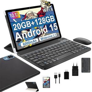 fezawio Tablet 10 Pollici Android 15, 20GB RAM+128 ROM, Widevine L1, Nero | con Tastiera, Mouse e Custodia, Octa-Core, WiFi 5G, BT5.0, 8MP+5MP, 6000mAh