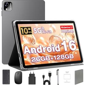 MENTUME Android 16 Tablet 10 Pollici con Tastiera, Mouse & Penna, CPU Unisoc T606, 26 GB RAM + 128 GB ROM+ 1 TB TF, Display IPS HD 1280x800, Fotocamera Doppia, 7000 mAh, WiFi 6, Widevine L1 (Custodia Grigio)