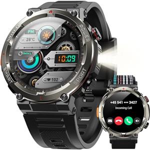 IOWODO Smartwatch Uomo, 1.45" Militari Orologio Intelligente con Torcia Bussola, Batteria 960mAh, IP68 Impermeabile, Orologio Fitness con Chiamate Bluetooth, Cardiofrequenzimetro Sonno, Android iOS