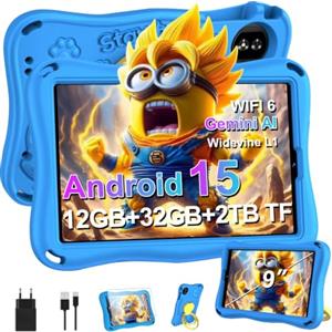 SUAAT 2026 Tablet per bambini 9 pollici Android 15 con 12 GB di RAM + TF 1 TB, 5G WiFi, Octa-Core, Widevine L1, controllo genitoriale, 5000 mAh, 1340 x 800, BT 5.0, per bambini con custodia Eva - Blu