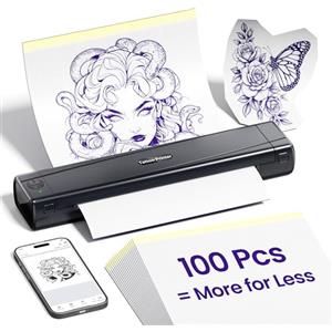 TATTMUSE Stampante Stencil Tattoo con 100 Fogli di Carta Transfer, Termica | Stencil Tatuaggi Machine per Artisti e Principianti, Bluetooth Compatibile con Smartphone & Tablet
