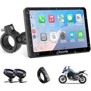 Carpuride W712D Moto Carplay Schermo con HD 1080P Dash Cam 7" Touchscreen | Doppia Fotocamera, Senza Fili CarPlay e Android Auto, Impermeabile, BT Audio, Cablato Controller, Loop Registrazione, GPS.