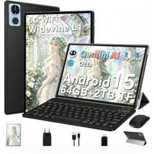 DEERTiME Tablet 10 Pollici Android 15 Tablets con Gemini AI, 64GB+2TB TF, GMS, Tablets 5G+2.4G WIFI, Octa-Core 2.0GHz, Face ID,Widevine L1 FHD,BT5.0,Type-C,8MP+5MP, GPS ,Tablet 3 in 1 con Tastiera e Mouse,Nero