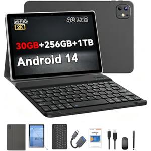 Crelander Tablet Android 14 da 10,1 pollici con slot per scheda SIM 4G LTE chiamate, 30 GB + 256 GB, touch screen IPS 1920 x 1200, doppia fotocamera, Bluetooth/WiFi, pacchetto con custodia, tastiera
