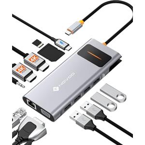 NOVOO - Docking station USB C a triplo display, adattatore multiporta USB C 12 in 1, doppio monitor, 2 HDMI, VGA, Ethernet, USB C a USB 4, 100 W, adattatore USB C per MacBook Pro M2/Surface/HP/Lenovo