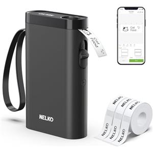 Nelko P21 Stampante per Etichette Portatile, Incluso 3 Rotolo, Nero | Connessione Bluetooth Per Smartphone, con Modelli di Etichette Vari, Organizzazione Domestica e Archiviazione in Ufficio