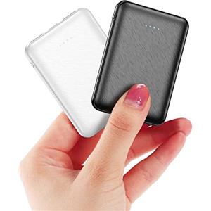 EVARY 2 confezioni Mini Power Bank piccola ma forte batteria esterna 5000 mAh, power bank portatile, con cavo, batteria esterna leggera (bianco e nero)