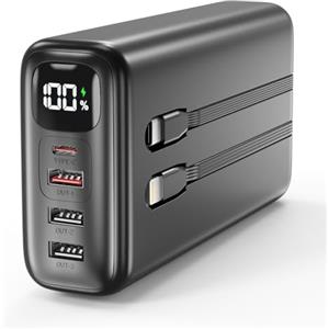 DRMARE PowerBank ricarica rapida da 22,5 W, Caricabatterie portatile da 51000 mAh | Pacchetto batterie con cavi USB C e Lightning integrati, schermo LED, 6 uscite per iPhone 16 15 14, iPad, campeggio emergenza