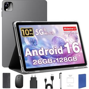 MENTUME Android 16 Tablet 10 Pollici con Tastiera, Mouse & Penna, CPU Unisoc T606, 26 GB RAM + 128 GB ROM+ 1 TB TF, Display IPS HD 1280x800, Fotocamera Doppia, 7000 mAh, WiFi 6, Widevine L1 (Custodia Blu)