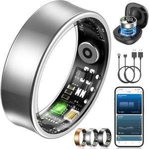 NAIXUES Smart Ring Uomo Donna, Anello Smart Fitness con Controllo Gestuale/Frequenza Cardiaca(HRV)/SpO2/Sonno/170+ Modalità Sport Impermeabil 5ATM, Smartwatch per Android e iOS, Misura 9, Argento