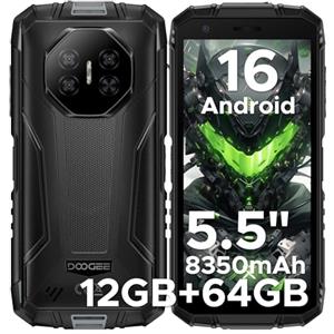 DOOGEERugged Fire 3 Rugged Smartphone Android 16, 8350mAh Telefono Indistruttibile, 12GB+64GB/2TB, 5.5" IPS HD+ Display, UNISOC Octa Core, 13MP+8MP Telefono Rugged, Widevine L1/Face Unlock/NFC-Nero