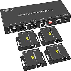 VEDINDUST HDMI Splitter Extender 1 in 4 Out 50m,Over Cat5e 6 7 Ethernet Trasmettitore Ricevitore Supporto Preimpostazioni EDID 1080p POC Solo Bisogno di Alimentazione TX per lavoro