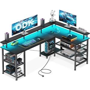 ODK Scrivania Gaming con LED, 150×102 cm, Nero | reversibile, con scaffale e prese, scrivania angolare con vano portaoggetti e spazio