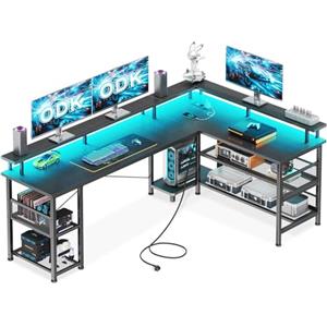 ODK Scrivania Gaming con LED, 168×120cm, Carbonio nero | reversibile, con scaffale e prese, scrivania angolare con vano portaoggetti e spazio