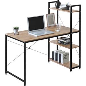 WOLTU Scrivania, Scrivania PC, con 4 ripiani | per ufficio, casa, camera da letto, 120x60 cm, Piano legno quercia con struttura metallica nera