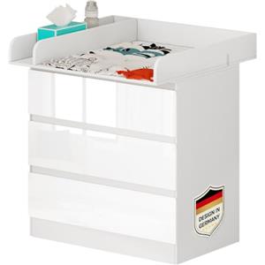 WOLTU Cassettiera con Fasciatoio per Bambini, 3 Cassetti, Fasciatoio con Divisorio Rimovibile, in MDF, Truciolare e Metallo, Bianco + Bianco Lucido