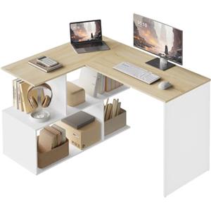 WOLTU Scrivania Angolare, Tavolo da Lavoro, Scrivania Ufficio per Computer | 120x100 cm, a Forma di L con Libreria, Bianco+Rovere Chiaro, Studio, Soggiorno