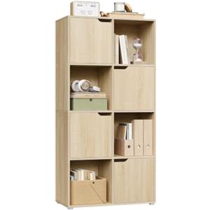 WOLTU Libreria Autoportante, Porta Libri a 8 Cubi, Libreria con 4 Ante | Scaffale Portaoggetti per Soggiorno, Ufficio, Studio, Camera da Letto, in Legno, Rovere Chiaro