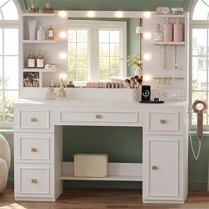 Heybly Toeletta Trucco con Specchio LED e Luci, Tavolo da Trucco con 6 Cassetti e 6 Ripiani, Presa Integrata e Porta Gioielli, Vanity Moderna per Camera da Letto, Bianco BDT002WT