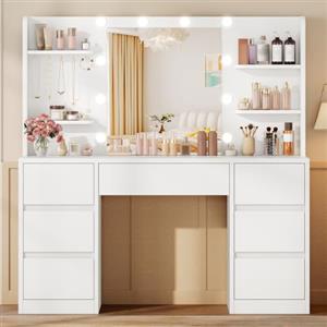 TEENFON Postazione Trucco con Specchio, Luminosità e 3 Colori Regolabili，Toeletta Trucco con 7 Cassetti, 4 Ripiani, 5 Ganci, Bianco, 107x40x140 cm, per Camera da Letto e Camerino