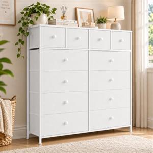 Clevich Cassettiera in tessuto, armadio per riporre, credenza per soggiorno con 12 cassetti per cucina, ufficio, ingresso e camera da letto (Bianco)