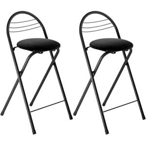 Amveya Set di 2 Sgabello Pieghevole in Metallo con Seduta in Morbido Velluto, Portatile Sedia Nera con Schienale e Poggiapiedi, Sgabelli da Bar, Cucina, Giardino, Altezza 60 cm