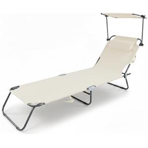 Baroni Home Sedia a Sdraio Pieghevole Reclinabile con Parasole Regolabile 360° e Cuscino Removibile, Lettino Prendisole in Metallo con Tessuto Idrorepellente, Portata 110 Kg, 186x55x24 cm Panna