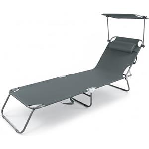 Baroni Home Sedia a Sdraio Pieghevole Reclinabile con Parasole Regolabile 360° e Cuscino Removibile, Lettino Prendisole in Metallo con Tessuto Idrorepellente, Portata 110 Kg, 186x55x24 cm Grigio