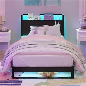 MUZERUL Letto 90 x 200 cm con testiera ergonomica con spazio di archiviazione, letto singolo in metallo, telaio del letto con stazione di ricarica e illuminazione a LED, ideale per camera da letto