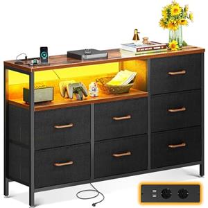 Coleshome Cassettiera Camera da Letto, Con Striscia LED, 2 Porte USB e 2 Prese di Corrente, con 7 Cassetti in Tessuto per Camera da Letto, Soggiorno, 132 * 30 * 89 cm, Colore Retrò