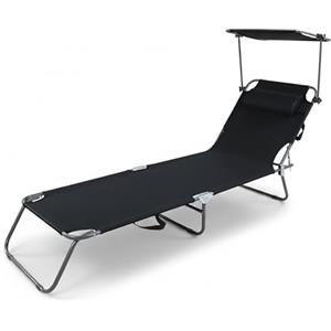 Baroni Home Sedia a Sdraio Pieghevole Reclinabile con Parasole Regolabile 360° e Cuscino Removibile, Lettino Prendisole in Metallo con Tessuto Idrorepellente, Portata 110 Kg, 186x55x24 cm Nero