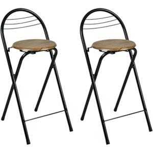 Amveya Set di 2 Sgabello Pieghevole Alto con Schienale, Sedie Pieghevoli con Seduta Effetto Legno, Sgabello bar Salvaspazio per Cucina, Balcone e Interni, Altezza 60 cm, Nero & Marrone