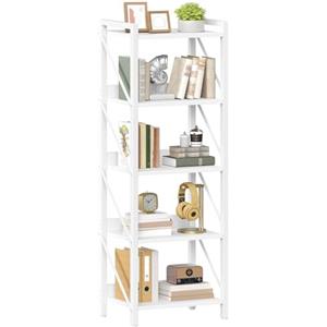 HOOBRO Scaffale a 5 Ripiani in Stile Moderno, Libreria Angolare, Scaffale a Scala, con Struttura in Metallo, per Soggiorno, Camera, Ufficio, Cucina o Ingresso, Bianco EWW73SJ01