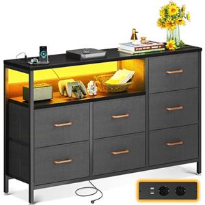 Coleshome Cassettiera Camera da Letto, Con Striscia LED, 2 Porte USB e 2 Prese di Corrente, con 7 Cassetti in Tessuto per Camera da Letto, Soggiorno, 132 * 30 * 89 cm, Nero