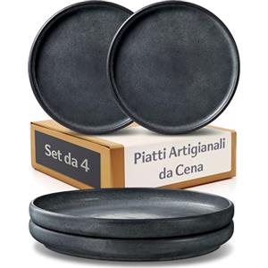 Cosumy Set da 4 Piatti da Cena in Ceramica Nera Ø26 cm - Piatti Artigianali con Smalto Reattivo - Servizio Piatti Elegante, Adatti al Microonde e Lavabili in Lavastoviglie - Set Piatti per 4 Persone