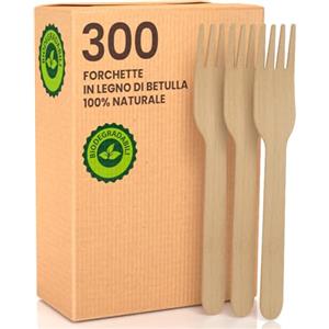 Baciato Caffè 300 Forchette Usa e Getta Posate in Legno Biodegradabili Compostabili | Ecologiche in Legno di Betulla Monouso 100% Naturali