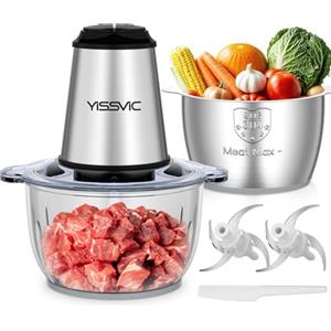 YISSVIC Tritatutto da Cucina Elettrico 2L,500W,Doppia Ciotola Vetro e Acciaio Inox,2 Velocità, 2×4 Lame, Anello Antiscivolo, Lavabile in Lavastoviglie (Ciotola in Vetro e Acciaio inossidabile)