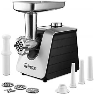Twinzee - Tritacarne Elettrico 1500W - Nero - 3 Lame e 3 Ugelli | Per Carne e Salsiccia · 3/5/7 mm · Funzione Reverse · Protezione Surriscaldamento · Facile da Pulire · Leggero