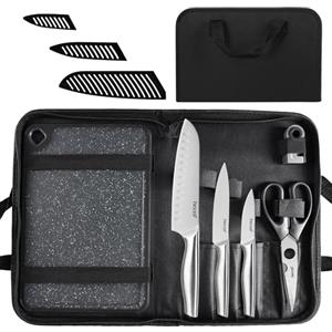 hecef set coltelli da cucina professionali in acciaio inox con borsa coltelli, foderi, tagliere reversibile, affilacoltelli 2 stadi e forbici, 10 Pezzi utensili cucina per picnic, campeggio e barbeque