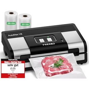 FRESKO Automatica Macchina Sottovuoto Alimenti,140 Watt, AutoMax V8 | Aspirazione 18 L/min, Taglierina Incorporata e Custodia per Borsa, Rilevamento Secco/Umido, 2 Rotoli di Sacchetti