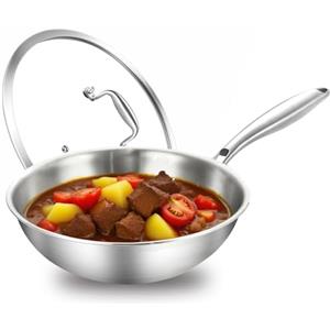 DELARLOCHEF - Padelle wok in acciaio inossidabile: padella non rivestita da 30 cm con coperchio, forno a induzione 752 °F (400 ℃), fornello a gas, bordo alto, manico rimovibile