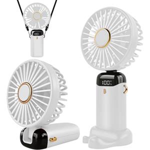 Jsdoin - Mini ventilatore portatile, ricaricabile tramite USB, 5 velocità, a batteria, pieghevole, da scrivania, con display LED, per casa, ufficio, camera da letto, viaggi e all'aperto (Bianco)