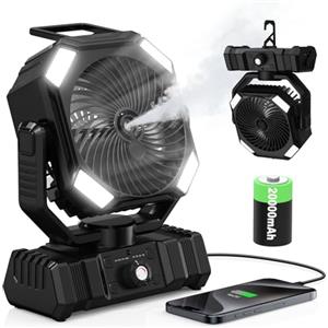 Richday Ventilatore Nebulizzatore Portatile, Ventilatore Camping 20000mAh, Serbatoio 300ml, 2 Nebbie, Telecomando 5m, Timer, LED USB, 270°, 45°/90°, Tenda Ufficio
