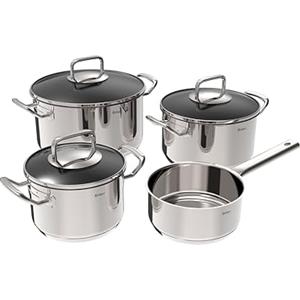 Rostique Set di 4 pentole in acciaio inox, pentola da 16 cm, pentola da 16/20/24 cm, adatta a tutti i piani cottura, con coperchio in vetro