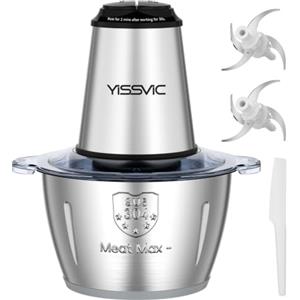 YISSVIC Tritatutto da Cucina Elettrico 2L, 500W, 2 Velocità, 2×4 Lame, Ciotola in Acciaio Inox, Anello Antiscivolo, Lavabile in Lavastoviglie, per Frutta Verdura Carne Spezie