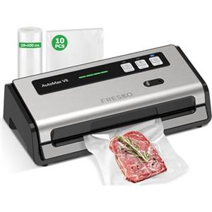 FRESKO Macchina Sottovuoto Alimenti, 15 L/min, Fasce Riscaldanti Allargate | 140 Watt, Taglierina e vano Porta Sacchetti Integrati, 1 Rotoli di Sacchetti e 10 Sacchetti Sottovuoto Pretagliati