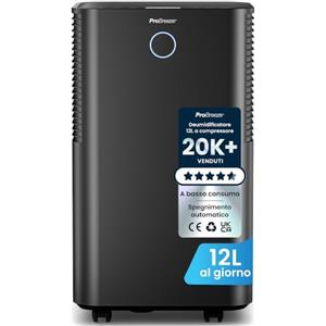 Pro Breeze OmniDry Deumidificatore 12L/24h, Copertura fino a 20 m², Serbatoio 2L, Antimuffa Casa, Camera da Letto e Bagno, Silenzioso, Sensore Umidità Automatico, Modalità Notturna, Timer 24H- Nero