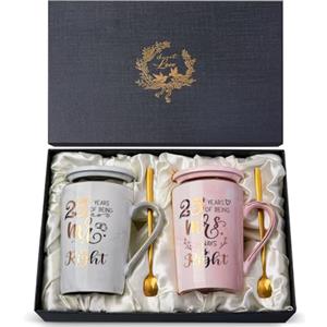 ALBISS 25 Anni Matrimonio Regali - Nozze D'Argento, Idee Anniversario Regalo | Set Tazze Coppia Rosa e Grigio Ceramica con Stampa Dorata, Coperchi, Cucchiaini, Biglietto e Confezione Regalo Elegante