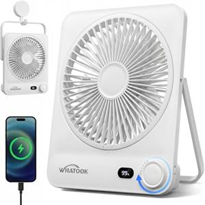 WHATOOK Ventilatore da Tavolo Portatile Ricaricabile 10000mAh,Silenzioso | 100 Velocità, Autonomia 40h, USB C alimentazione di emergenza, Display Auto-Off, Griglia Lavabile per Ufficio Camera Viaggi