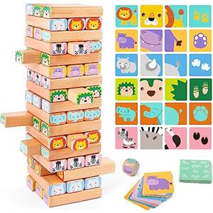 Nene Toys Torre Impilabile Safari in Legno 4 in 1 per Bambini da 3 a 9 Anni | Gioco da Tavolo con Blocchi, Carte e Dadi - Costruisci, Impila e Scopri gli Animali del Safari Giocando in Famiglia